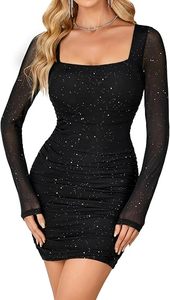 Robe mini de soirée pour femme à manches longues en résille, col carré, coupe ajustée, style clubwear sexy, modèle Signature - Product Image 5