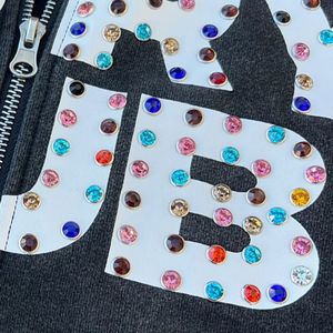 Custom Logo Rhinestone <b>Work</b> Zipper-up Hoodie Bling Graphic Design Sweatshirt Streetwear Hip Hop Acid Wash Crystal Hoodies - Product Image 5