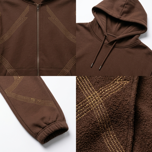 Men's Brown Hooded Tracksuit Full Zip Sweatshirt Pants Set Casual Loose Fit Solid Color Polyester Autumn Wear Sweatsuit Set - Product Image 6