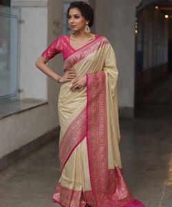 Sari tradicional indio de seda con borde rosa y blusa para bodas, sari largo hasta el suelo para mujer de la India y Pakistán - Product Image 1