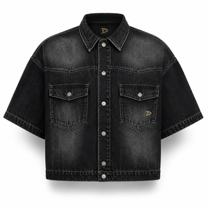 Chemise en jean graphite à manches courtes, noire délavée, style shacket trucker avec logo personnalisé, unisexe, vêtements Hypebeast, fournisseur en gros - Product Image 6