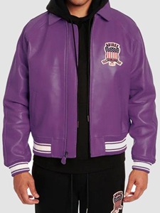 Chaqueta Bomber de Cuero Genuino Morado para Hombre, Estilo Aviador Vintage con Parches Bordados - Product Image 2