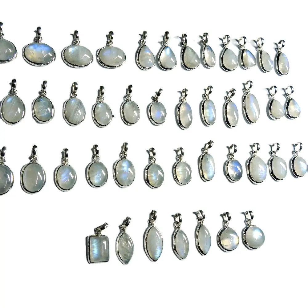 مجموعة متنوعة الأشكال من المعلقات للبيع بالجملة 925 من الفضة الاسترليني مجوهرات من أحجار القمر الطبيعية بألوان قوس قزح من الموردين