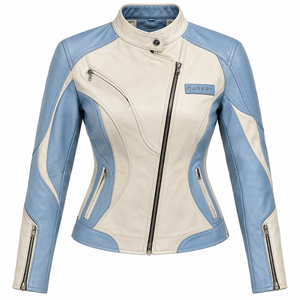 Veste de moto en cuir véritable pour femme, bicolore bleu ciel et ivoire, col mandarin, fermeture éclair diagonale, style motard/racer - Product Image 1