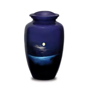 Urna Funeraria Azul con Motas Plateadas para Cenizas Humanas, con Bandas Florales Plateadas, Urna Conmemorativa de Metal Resistente con Tapa - Product Image 2
