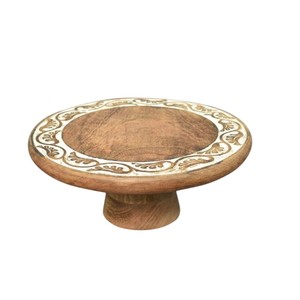 Support à gâteau rond en bois au design moderne avec sculpture florale blanche antique, support de qualité supérieure pour mariages et anniversaires - Product Image 1