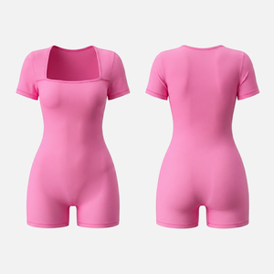 OEM Custom Square Neck Short Sleeve Seamless Nylon Spandex One Piece Solid Gym Workout Fitness <b>Romper</b> <b>Women's</b> Yoga Jumpsuit - Product Image 2