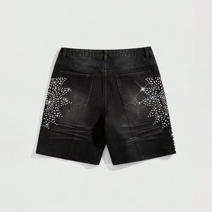 Short en jean pour homme personnalisé, style streetwear hip-hop, avec strass, coupe baggy, effet vieilli, délavé à l'acide, fabrication OEM - Product Image 6