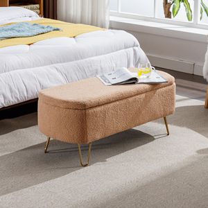 Panca Moderna in Finta Pelliccia di Cammello con Gambe Dorate, Pouf Contenitore per Fondo Letto, Sgabello Imbottito e Pouf - Product Image 1