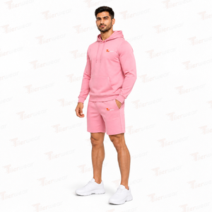Ensemble sweat à capuche et short rose pour homme en coton French Terry – Tenue décontractée et sportive respirante pour le printemps - Product Image 2