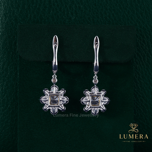 Glamorous Fancy Yellow Cushion <b>Diamond</b> Cluster <b>Earrings</b>, Sunflower Halo <b>Dangle</b> Design With Round Pave <b>Diamond</b> Girls <b>Earrings</b> - Product Image 2