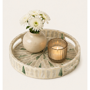 Bandeja de Servir Redonda de Lujo con Incrustaciones de Madreperla, Mosaico Verde Geométrico, Bandeja Decorativa con Asas para Mesa de Centro, Venta al Por Mayor - Product Image 4