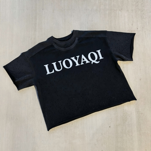 <span class=keywords><strong>Camiseta</strong></span> Oversize de Algodón Personalizada con Gráficos, Diseño de Diamantes de Imitación, Estilo Vintage con Dobladillo Deshilachado y Cuello de Doble Capa - Product Image 2