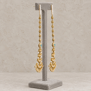 Pendientes de cadena larga chapados en oro con piedra azul aguamarina y perlas de imitación, joyería nupcial pakistaní, venta al por mayor de fábrica. - Product Image 4