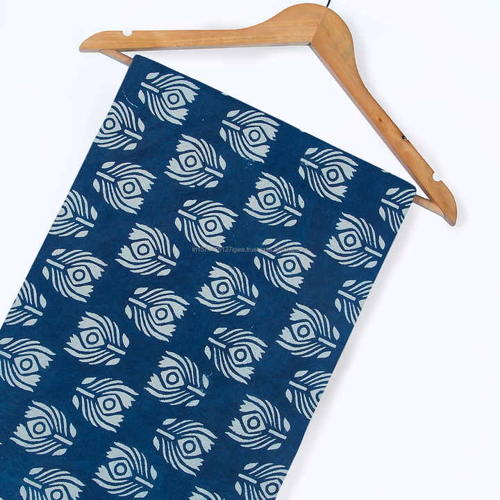 Pure Cotton Indigo with White Peacock Feather Design Hand Block Print Fabric