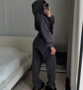 Custom Streetwear Wholesale Heavyweight French Terry Acid Wash Tracksuit Women 2 Piece Set Vintage Cinched Waist <b>Crop</b> <b>Zip</b> <b>Up</b> - Product Image 3