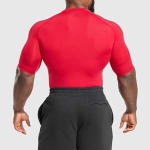 Camiseta de Compresión Elástica de Manga Larga con Cuello Redondo para Hombre, Color Rojo Sólido, Tejido de Punto de Secado Rápido, Diseño Casual con Logotipo Frontal - Product Image 2