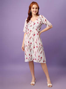 Vestido Midi Formal Georgette Blanco con Estampado Floral y Botones para Mujer, Personalizable para Bodas y Fiestas de Cóctel, Manga Tres Cuartos - Product Image 2