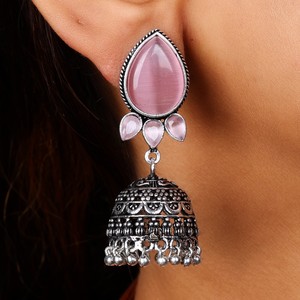 Pink <b>Cat</b> Eye Stone Oxidized Silver Brass Jhumka Earrings | Handmade Vintage Boho Chandelier Earrings | Indian Traditional - Product Image 4