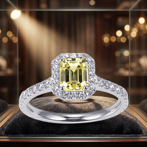 KIVORA'S Yellow <b>Emerald</b> Cut Lab Grown Diamond Halo <b>Ring</b> S925 Sterling <b>Silver</b> Rhodium Plated Women Engagement Wedding Band - Product Image 2