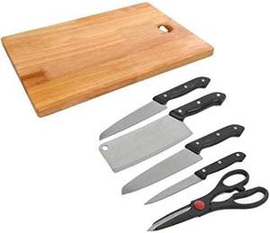 Juego de Cuchillos de Cocina de Acero Inoxidable de 5 Piezas con Tabla de Cortar de Madera y Tijeras para Cortar Verduras y Carne (Juego de 5+1 Tabla de Cortar) - Product Image 1