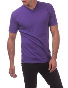 T-shirt pour homme à manches courtes et col en V en coton biologique, couleur violette, prix de gros avec logo personnalisé - Product Image 4