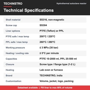 Reactor de Síntesis Hidrotermal para Laboratorio, Autoclave con Revestimiento de PTFE/Teflón, Acero Inoxidable, 25ml, 50ml, 100ml, 200ml, 500ml - Product Image 3