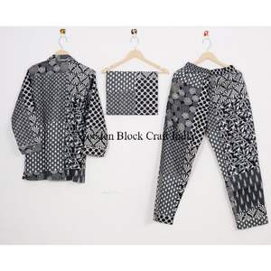 Ensemble de pyjama en jersey de coton de haute qualité pour femmes, robe de nuit classique avec passepoil, imprimé géométrique unique, vêtements de nuit pour adultes - Product Image 4