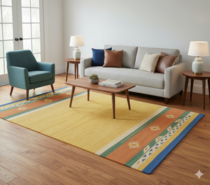 Alfombra de terciopelo estilo Gabbeh amarillo dorado | Alfombra de área antideslizante hecha a máquina con diseño de borde tribal moderno Gabbeh abstracto geométrico - Product Image 1