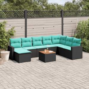 Conjunto de Sofás de Patio de Ratán Sintético Negro con Cojines, Muebles de Jardín para Exteriores, Estilo Contemporáneo, Seccional de 9 Piezas - Product Image 1