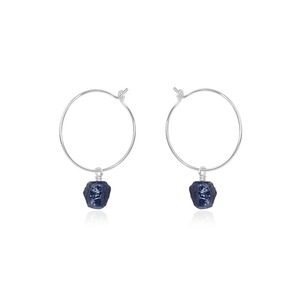 Raw Blue Sapphire Hoop <b>Earrings</b> 8-10mm Rhodium Plated Handmade Birthstone <b>Dangle</b> Jewelry Gift for Women - Product Image 2