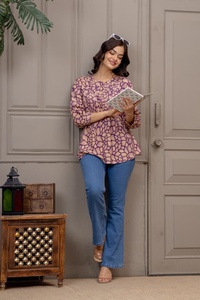 Women’s Cotton Floral Print Short <b>Kurti</b> Embroidered Casual <b>Top</b> for Spring Summer Wear - Product Image 2
