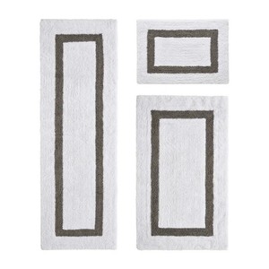 Modern Geometric Cotton <b>Bath</b> <b>Mats</b> Set of 3 Rectangle <b>Non</b>-<b>Slip</b> Machine Washable Tufted Ivory with Gray Border - Product Image 1
