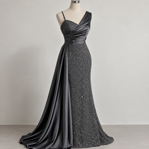 Robe de soirée moderne asymétrique en satin à sequins, longueur ras du sol, coupe princesse, épaules dénudées, antistatique, pour cérémonies et soirées formelles - Product Image 3