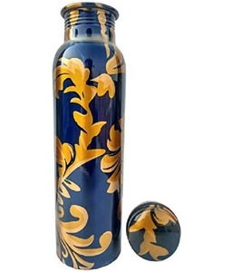 Botella de Agua de Cobre de Excelente Fabricación, Diseño Floral Azul Dorado, Estilo Vintage, Portátil, para Viajes, con Tapa - Product Image 2
