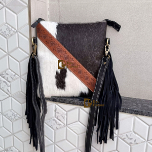 Sac à bandoulière en cuir de vachette de haute qualité avec franges, sac à main élégant en cuir sculpté et repoussé pour femme, multi-usages - Product Image 1