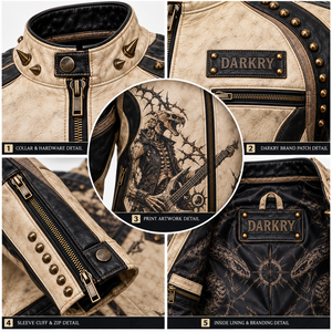 Real Cowhide Leather Motorcycle Jacket Mens Two Tone Beige Black <b>Studded</b> Punk Rock Dragon Skeleton Print Customized Rider Coats - Product Image 6