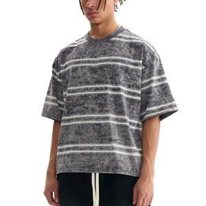 Camiseta Premium Unisex de Verano, Estilo Retro, 260GSM, a Rayas, para Hombre y Mujer, Lavada, Corte Cuadrado, Manga Corta, Moda Urbana - Product Image 2