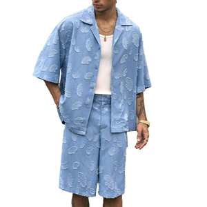 New Fashion Custom Logo <b>Distress</b> Denim Embroidery Acid Wash Streetwear Casual Tracksuit Vintage Hoodies & Shorts Set for Men - Product Image 2