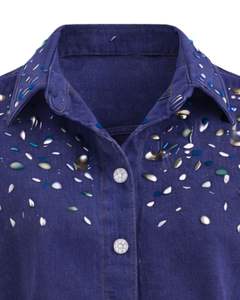 Custom Navy Blue Women Cropped Denim <b>Jacket</b> With <b>Rhinestone</b> Studded Front Button Closure Long Sleeve Fashion Streetwear Top - Product Image 3