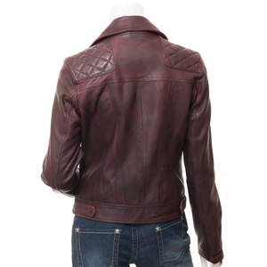 Women's Burgundy Genuine Leather Moto Jacket With Zipper Closure And Pockets Autumn Style - Product Image 2