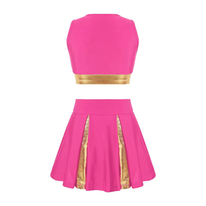 Ensemble deux pièces pour femmes, haut sans manches à col en V avec jupe plissée, couleur rose et or, uniforme sportif, printemps été - Product Image 2