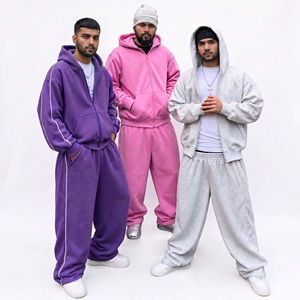 Wholesale Custom Heavy Terry Fabric Mens Autumn Streetwear All Over Printed Side Stripe Zip-Up Hoodie Sweatpants Set - Product Image 1