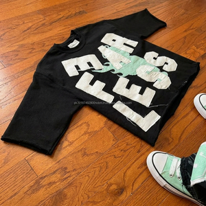FEARLESS ANGEL เสื้อยืดโอเวอร์ไซส์สีดำสำหรับผู้ชายพร้อมพิมพ์ตัวอักษรแบบแอพพลิเคชั่นสตรีทแวร์แขนสั้นคอกลมผ้าฝ้ายเจอร์ซีย์ - Product Image 3