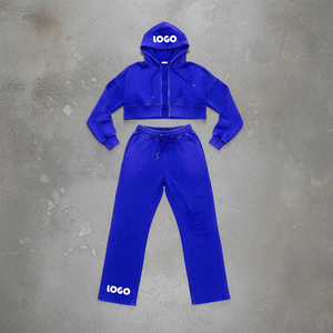 French Terry <b>Zip</b> <b>up</b> Distressed Hoodie Manufacturer Acid Wash Sweatsuit Patch Applique Embroidered Cropped Hoodie Women Tracksuit - Product Image 5