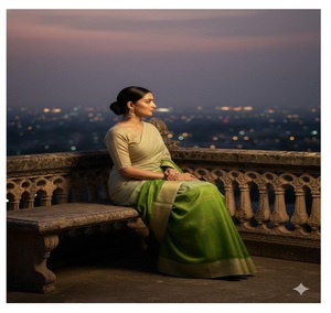 Sari de Seda Tussar Verde para Mujer, Traje Tradicional Étnico Festivo con Diseño de Borde y Detalles en Tela - Product Image 2