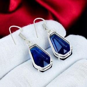 Boucles d'oreilles en saphir bleu, boucles d'oreilles pendantes en argent sterling 925 avec pierres précieuses en forme de cercueil, bijoux en pierre bleue, cadeau pour elle - Product Image 4