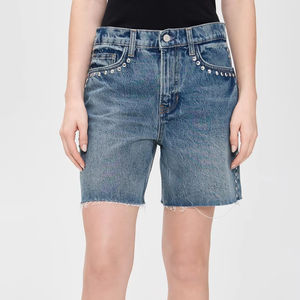 Shorts de Mezclilla Casuales de Cintura Media, Rectos, Lavados, Elásticos, con Agujeros, de Alta Calidad, Nueva Colección de Verano para Mujer - Product Image 1