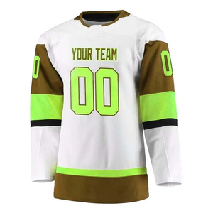 Maillot de hockey sur glace personnalisé blanc, marron, vert fluo, sublimé, en maille respirante, pour homme, manches longues, tenue d'équipe - Product Image 1
