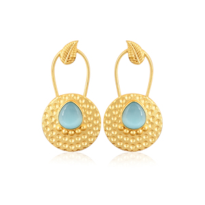 Boucles d'oreilles en laiton plaqué or avec pierre précieuse œil de chat bleue, bijoux faits à la main pour femmes, lot de 10 paires en gros - Product Image 1